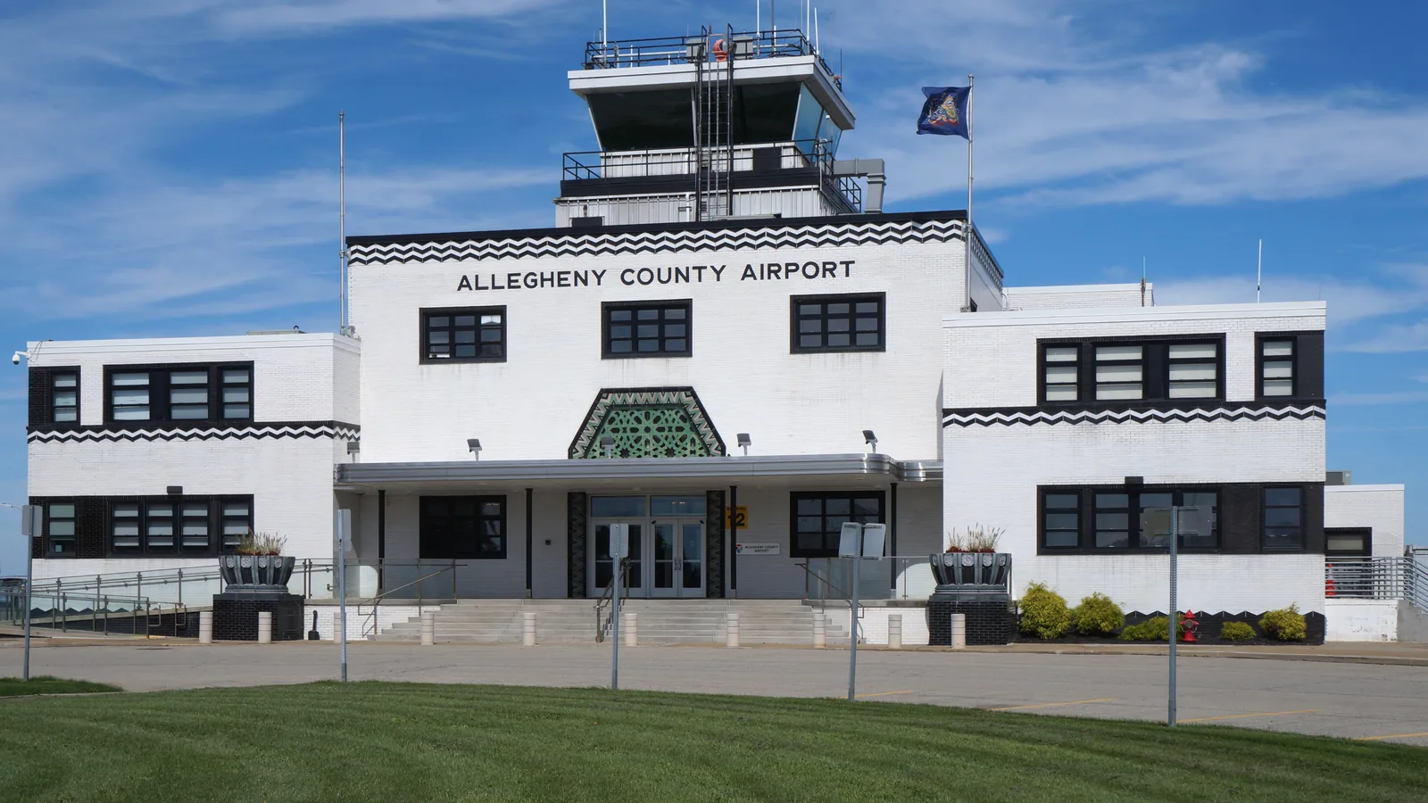 West Mifflin, PA landmark: the Allegheny County Airport terminal, a white brick building with a control tower on top